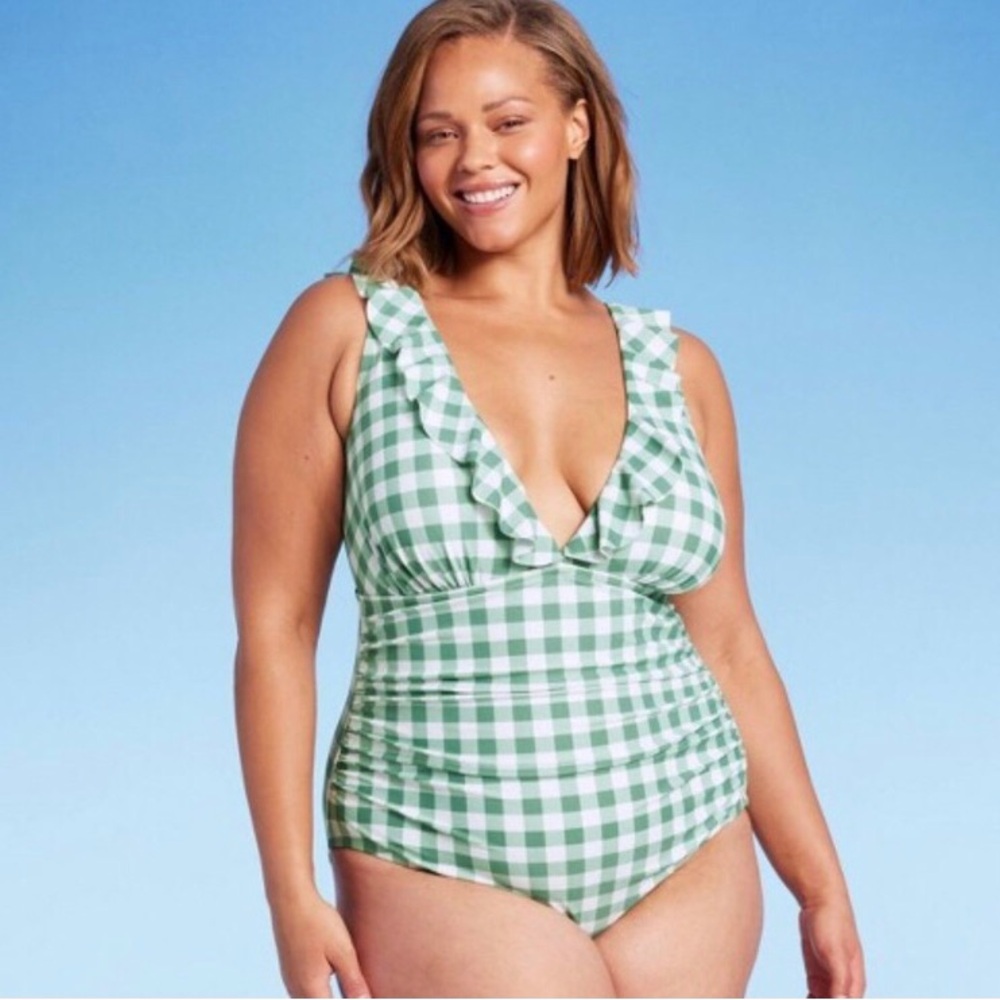 NWT Kona Sol Green Gingham One Piece Swimsuit.